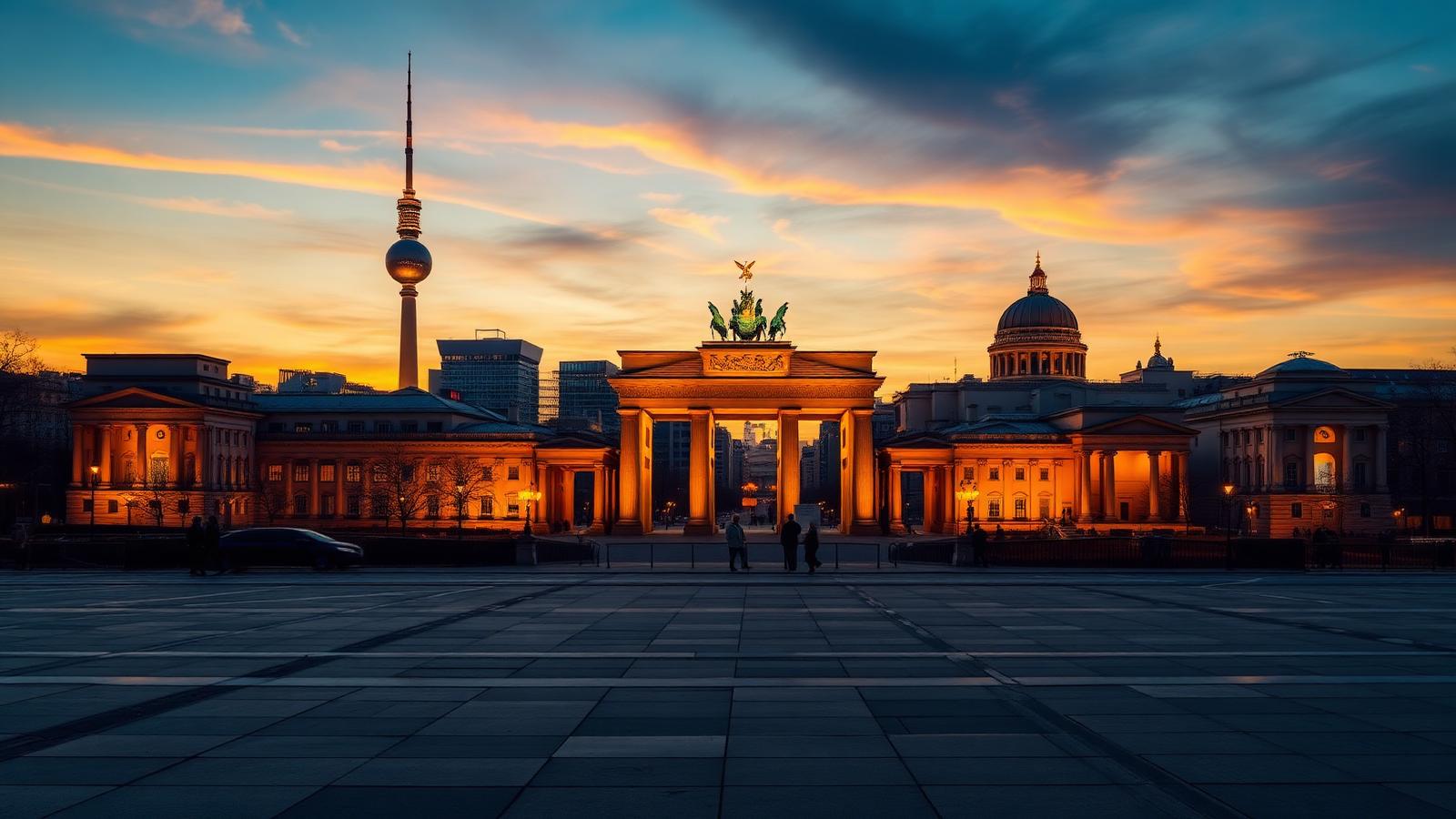 Skyline de Berlim ao entardecer com o Portão de Brandemburgo e a Torre de TV (Fernsehturm)