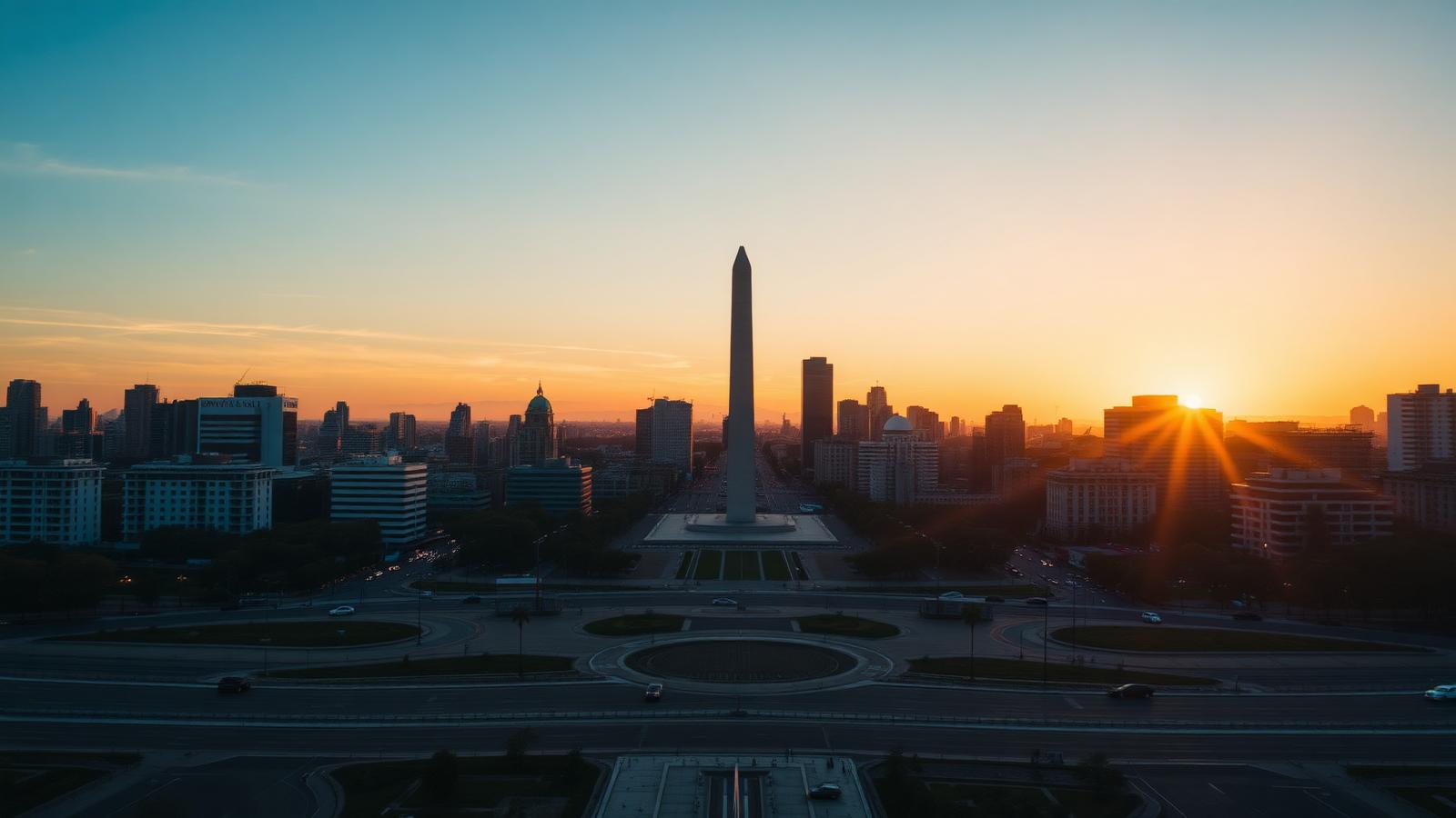 Skyline de Buenos Aires com o Obelisco na Avenida 9 de Julio ao entardecer