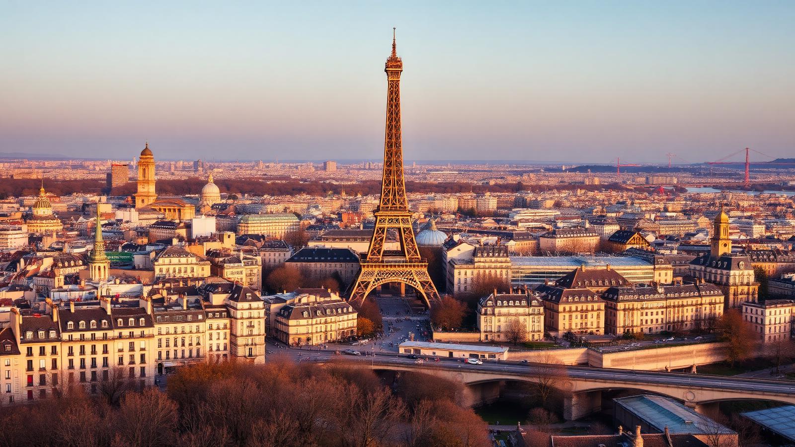 Skyline de Paris com a Torre Eiffel ao entardecer, capital da França