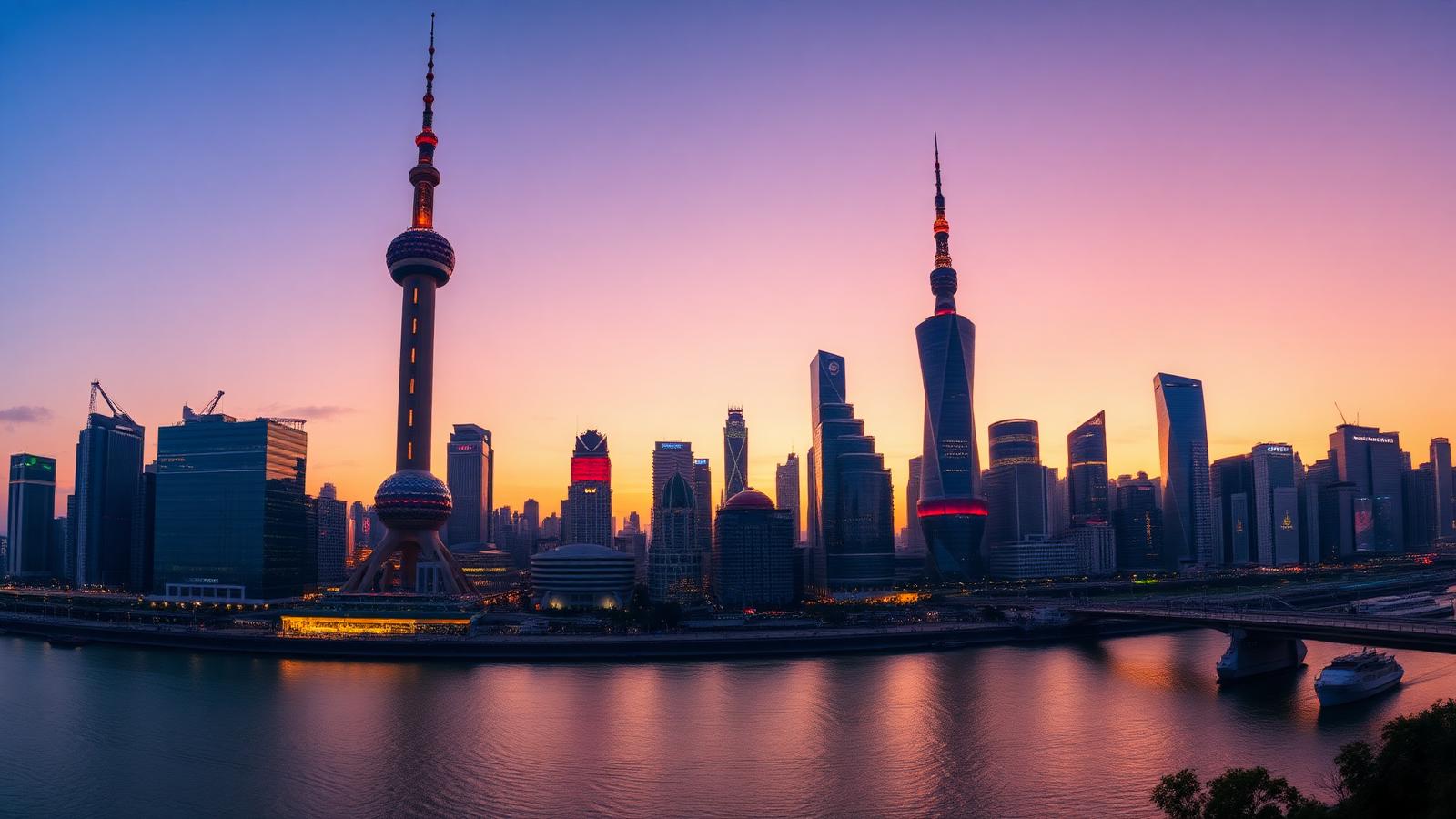 Skyline de Xangai com a Torre Pérola Oriental e o distrito de Pudong ao entardecer