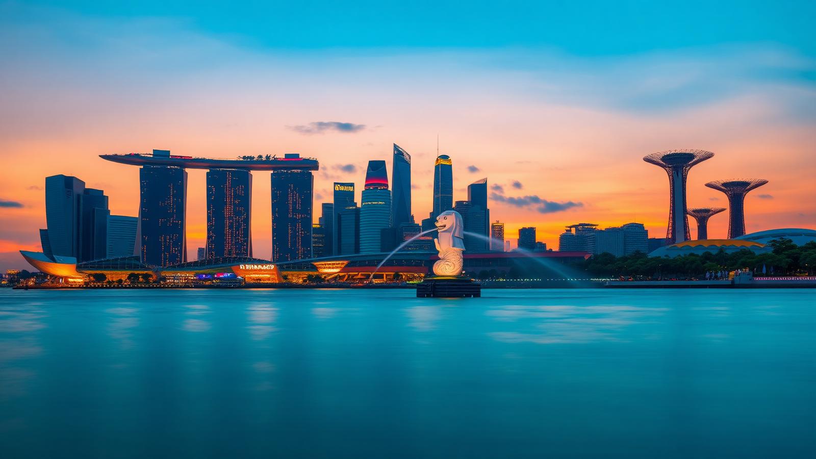 Skyline de Cingapura com Marina Bay Sands, Merlion e Gardens by the Bay ao entardecer