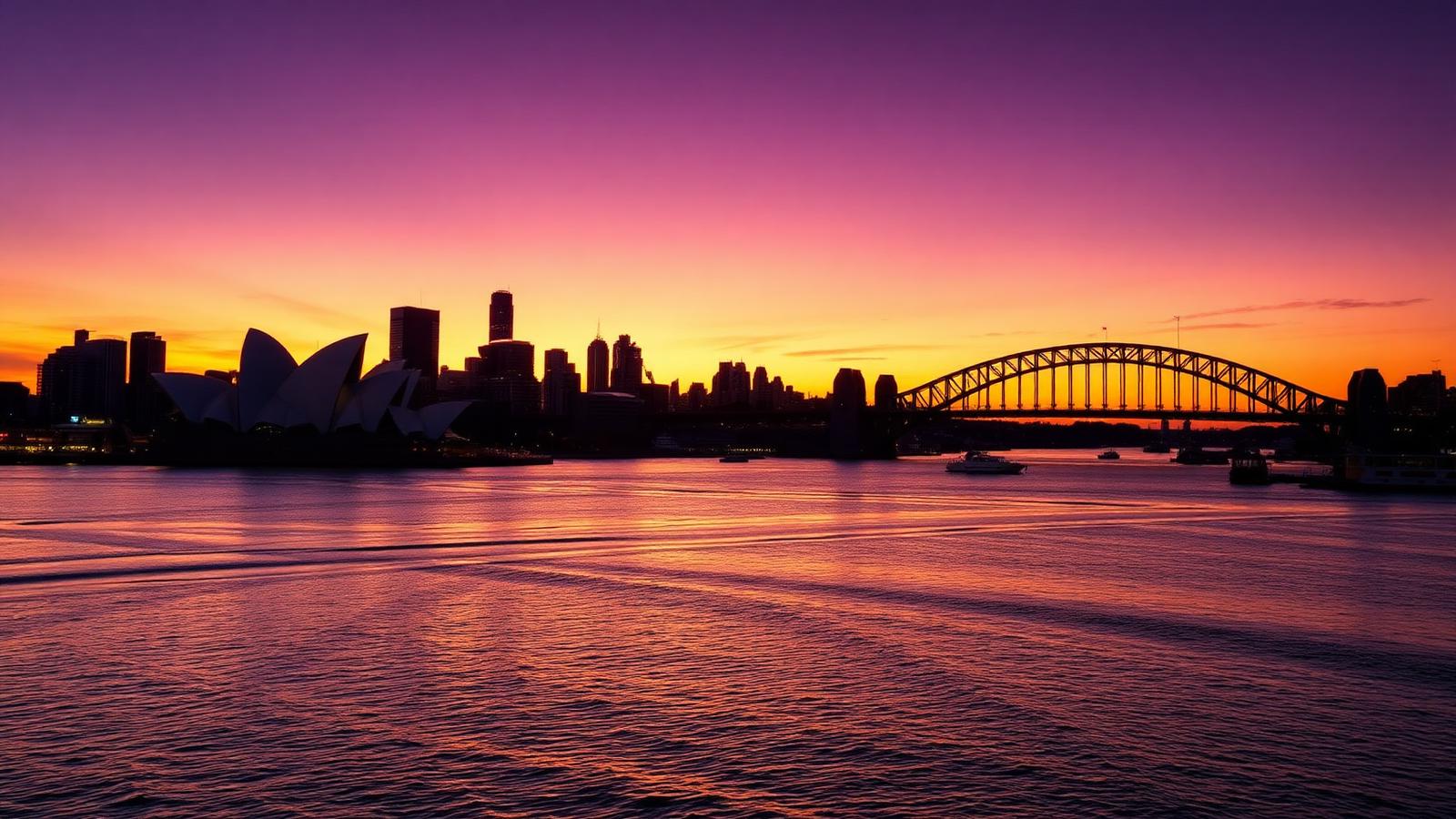 Skyline de Sydney com a Opera House e a Harbour Bridge ao entardecer