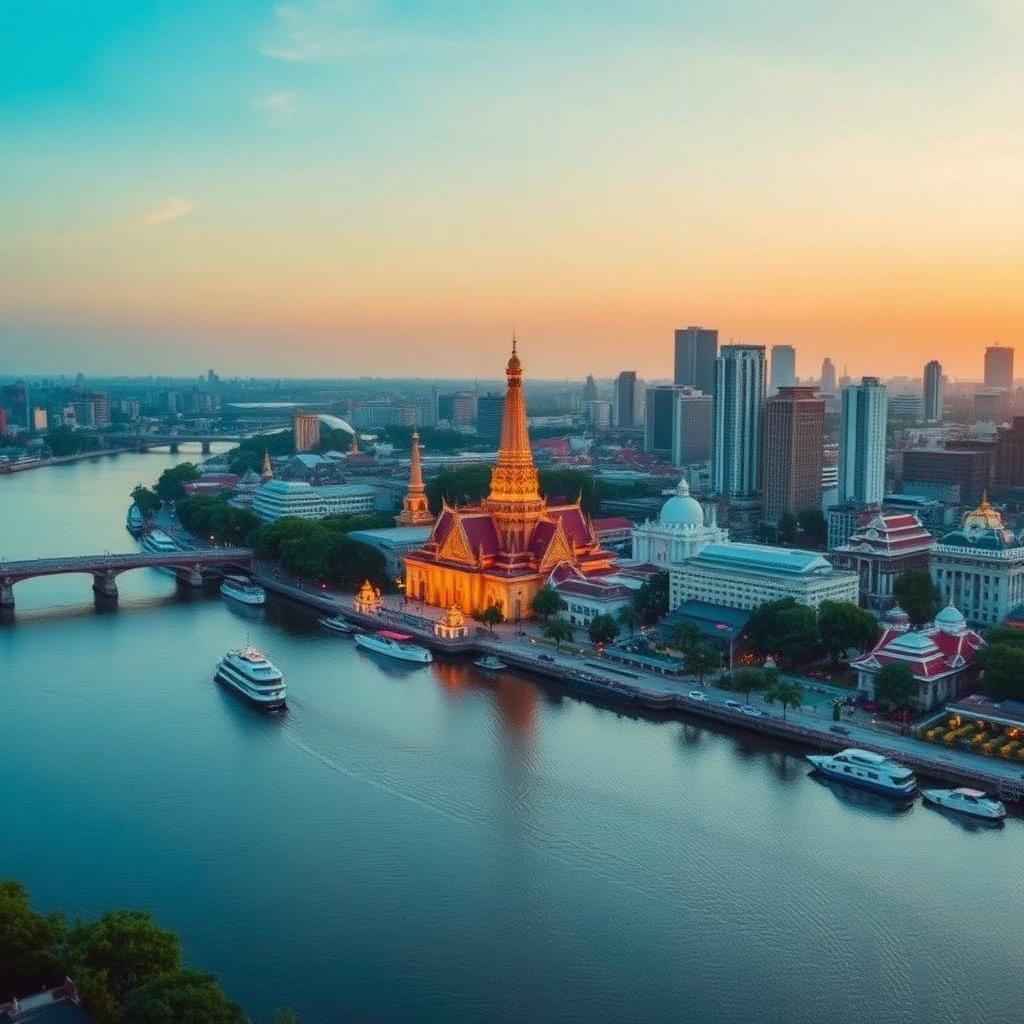 Vista aérea de Bangkok, Tailândia, com o rio Chao Phraya, templos dourados e o skyline moderno ao entardecer