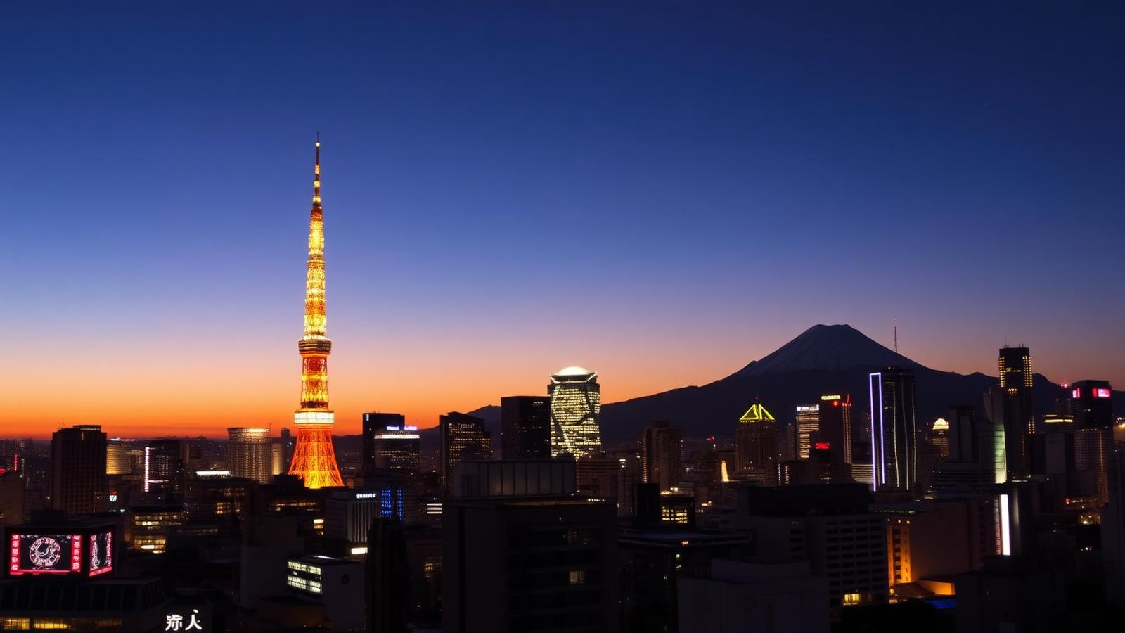 Skyline de Tóquio ao entardecer com a Torre de Tóquio e o Monte Fuji ao fundo
