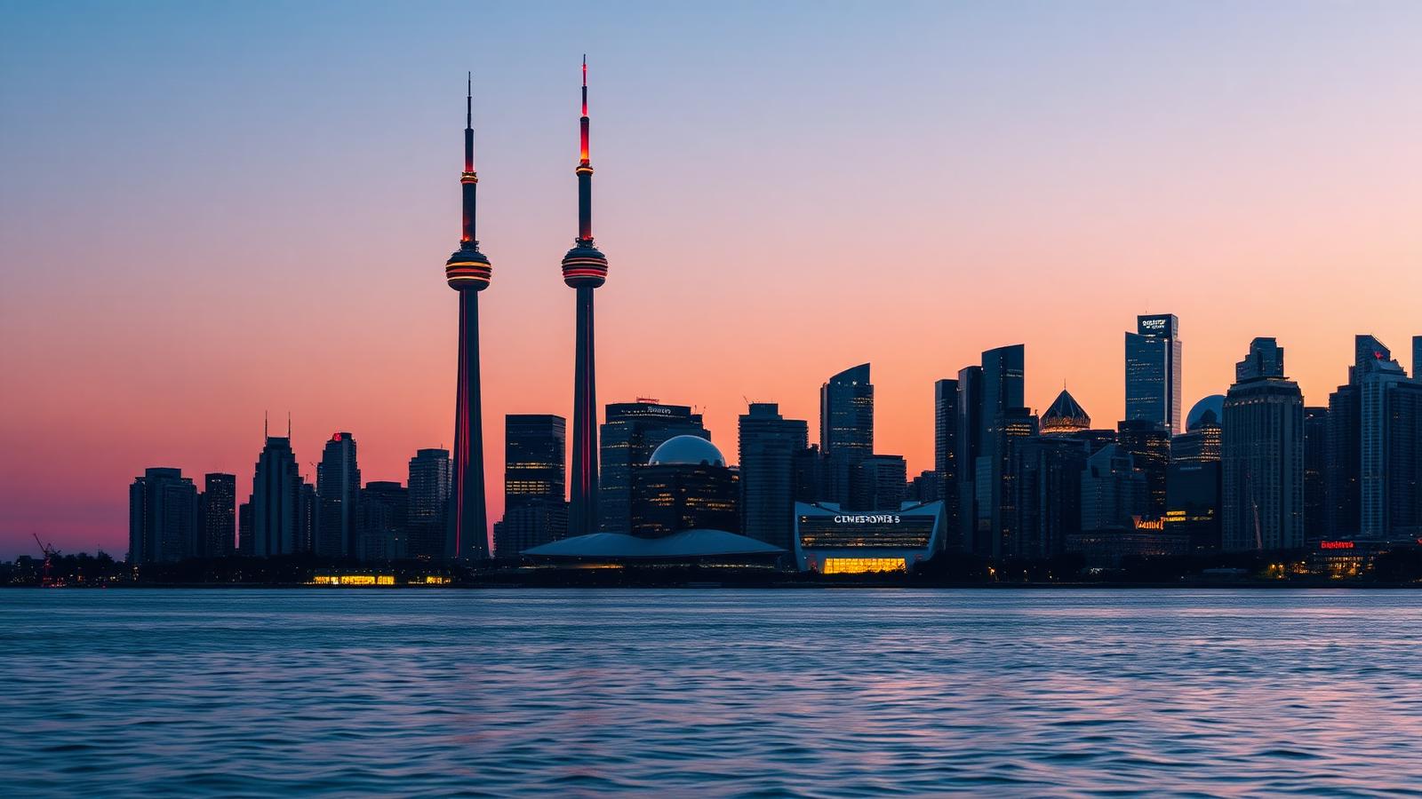 Skyline de Toronto com a CN Tower refletida no Lago Ontário ao entardecer
